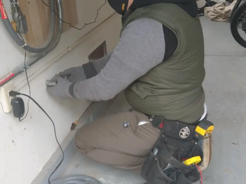 Electrician performing outlet wiring in a Rio del Mar garage